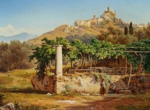 Italian Landscape With A Village On A Mountain Top
