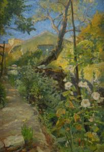Gammal Tradgard Med Stockrosor by Justus Lundegard