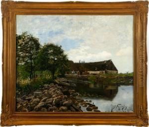 A Scanian Farm At A Lake With Rowing Boat. Signed. Dated July -98 by Justus Lundegard