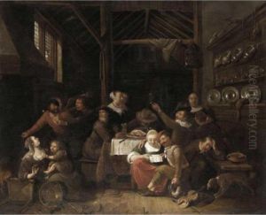 A Tavern Interior With Figures Drinking And Brawling by Gerrit Lundens