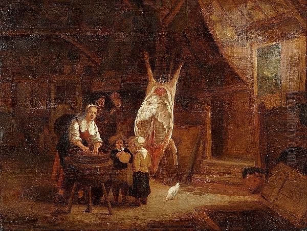 A Kitchen Interior With Figures Beside A Pig's Hanging Carcass - view 1