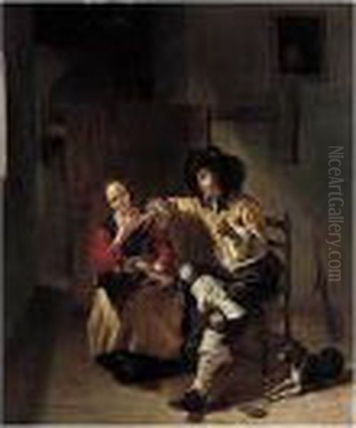 An Interior With A Sportsman Making Advances On A Maiden Making Lace - view 1