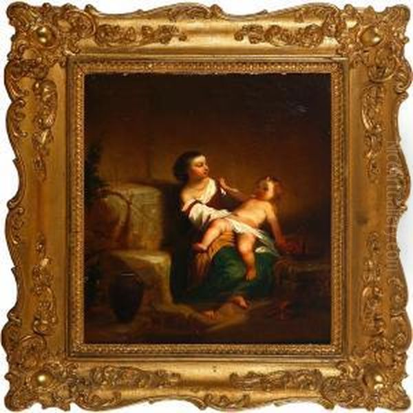 A Young Woman With A Childand A Basket With Cherries - view 1