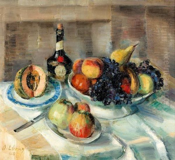 Stillleben Mit Fruchten Und Flasche Auf Einem Tisch. - view 1