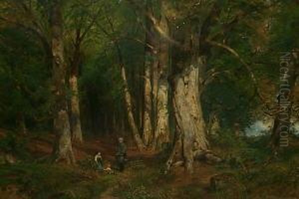 Sachsenwald. Im Vordergurnd Jager, Frau Und Kind. Unten Rechts Signiert A. Lutteroth - view 1