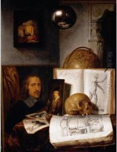 Still Life Of Books, Prints,
Paintings, A Skull, Shell And A Globe Upon A Table Draped With A Green
Cloth, A Sphere And A Painting Hanging Above by Simon Luttichuys