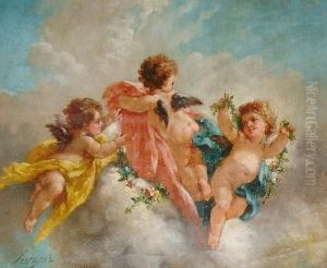 Putti With Garlands Of Flowers; And Putti With Birds, A Pairboth 'lutyens' (lower Left) by Charles Augustus Henry Lutyens