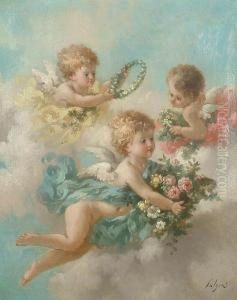 Putto With Garlands Of Flowers Amongst Clouds.