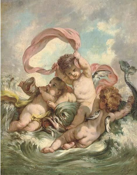 Putti Disporting With A Fish In A Seascape - view 1