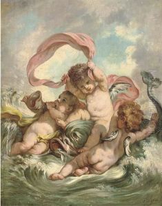 Putti Disporting With A Fish In A Seascape by Charles Augustus Henry Lutyens