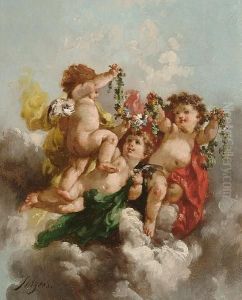 Putti Bearing Garlands Of Flowers Amongst Clouds by Charles Augustus Henry Lutyens