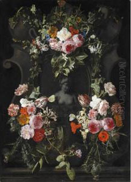 Female Stone Bust Set In A Stone
Cartouche Surrounded By A Garland Of Flowers
Including Roses Parrot Tulips Roses A Poppy And
Thistles - view 1