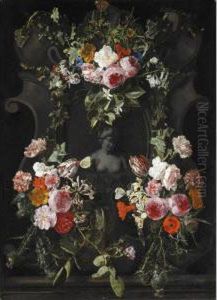 Female Stone Bust Set In A Stone
Cartouche Surrounded By A Garland Of Flowers
Including Roses Parrot Tulips Roses A Poppy And
Thistles by Carstiaen Luyckx