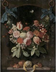 A Festoon Of Flowers Suspended 
By Blue Ribbons Before A Niche, With A Peeled Lemon, Cherries, An Orange
 And A Plum Resting On A Ledge Below
