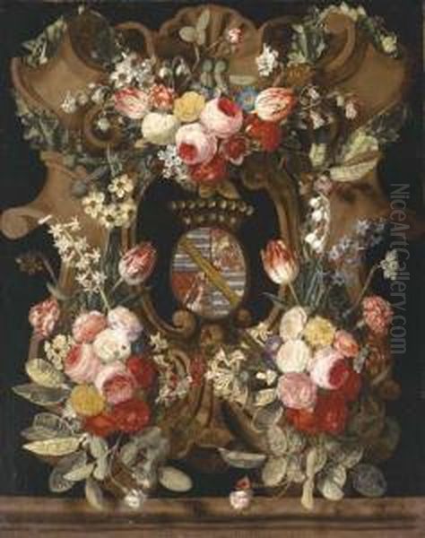 A Garland Of Roses, Carnations,
Snowdrops, Honeysuckle, Morningglory And Other Flowers Around A Stone
Cartouche With Acoat-of-arms - view 1