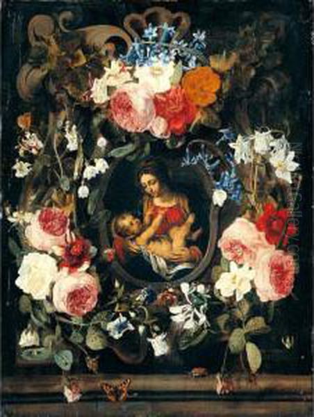 A Still Life Of A Garland Of
Flowers With The Virgin And Child Set Within A Stone Cartouche - view 1