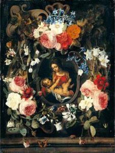 A Still Life Of A Garland Of 
Flowers With The Virgin And Child Set Within A Stone Cartouche