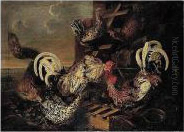 Farmyard Scene With A Fox Attacking Bantams - view 1