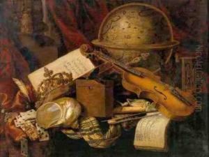 A Still Life With A Nautilus
Shell, Playing Cards, A Crown, A Violin, A Globe And Other Objects
Resting On A Draped Table by Carstiaen Luyckx
