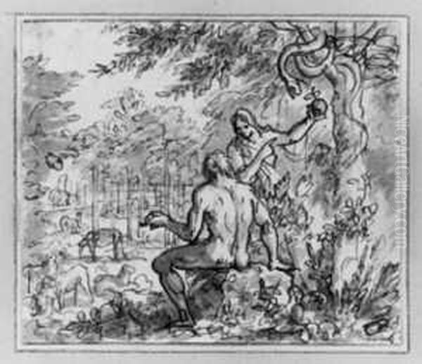 Drei Zeichnungen Mit
Bibelillustrationen, Darunter: Adam Und Eva Im Paradies. Feder In Sepia,
Grau Laviert, Auf Papier. H Je 7; B Je 8,4 Cm. Tafel - view 1