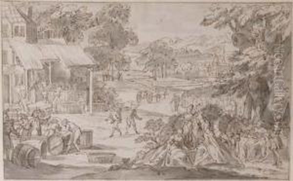 An Extensive Landscape With An Elegant Company Watching The Gathering Of The Vintage - view 1