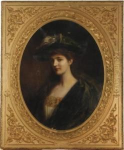 Portrait Of A Young Beauty In A Green Hat And Robe by Albert Lynch