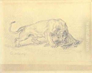 A lioness attacking a crocodile by Eugene Delacroix