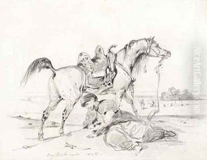 A stallion in profile to the right, an arab crouching in the foreground