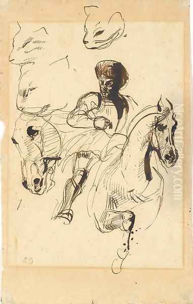 A man in armour on horseback, with studies of a horse's head and cats' heads - view 1