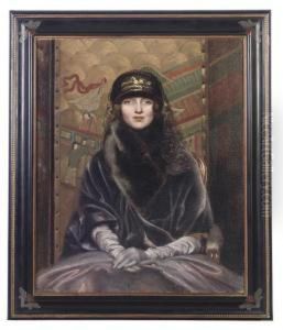 Portrait Of A Lady, Seated 
Half-length, In A Deep Purple Velvetcoat Before A Chinoiserie Screen