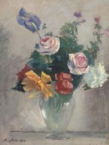Iris, Carnation And Roses In A Glass Vase by Neville Stephen Lytton