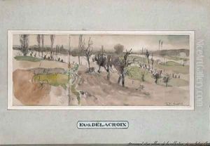 A wooded river landscape