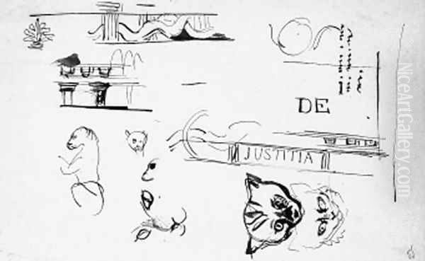 A sheet of studies of the heads of cats, architectural motifs and after the antique decoration for the Chambre de Deputes, Paris - view 1