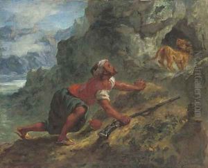 Arab stalking a lion
