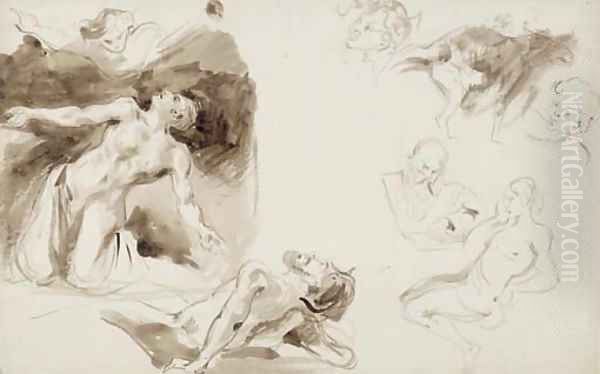 Un ange apparat à un saint agenouille, un homme nu allonge, une femme nue assise, trois tetes et un chat - view 1