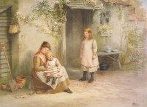 Mother And Children Outside Cottage by Samuel McCloy