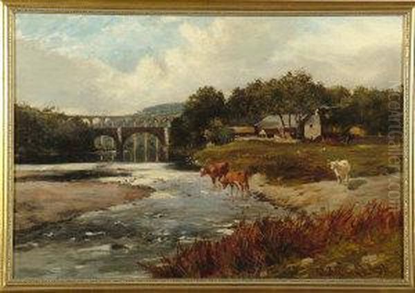 A River Scene With Cattle In The Foreground, A Farm And Two Bridges In The Distance - view 1
