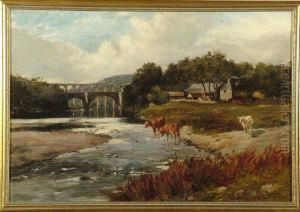 A River Scene With Cattle In The Foreground, A Farm And Two Bridges In The Distance A River Scene With Cattle In The Foreground, A Farm And Two Bridges In The Distance