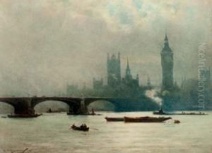 The Houses Of Parliament In The Early Morning Mist (illustrated); And London Bridge by William Alister Macdonald