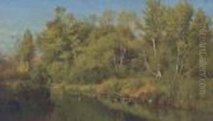Ducks On A Stream In A Landscape by James McDougal Hart