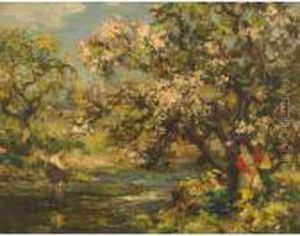 Girls Fishing At Springtime by William Stewart MacGeorge
