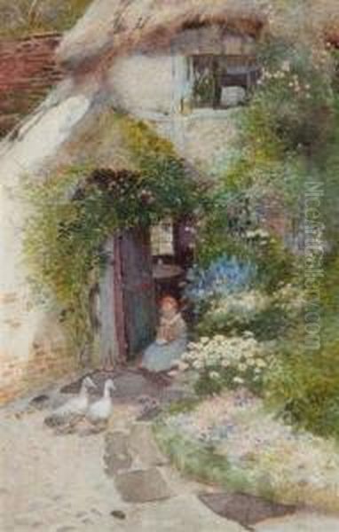 A Child And Two Ducks Outside A Thatched Cottage - view 1