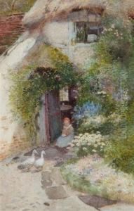 A Child And Two Ducks Outside A Thatched Cottage