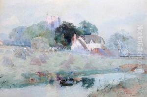 Haymaking Before A Village And Churchtower