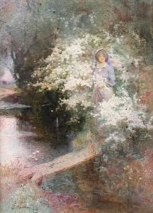 Girl By Hawthorn Blossom At The Water's Edge