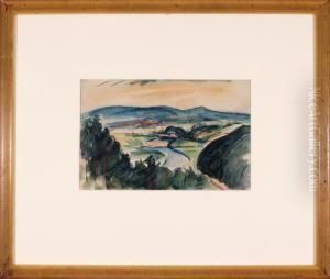 Blick Von Einer Anhohe Uber Einen Wald In Eine Weite Hugelige Flusslandschaft
