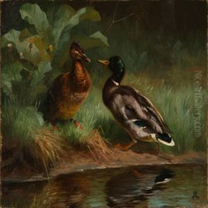 Two Ducks By A Shoreline by Adolf Henrik Mackeprang