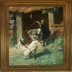 Goat Watching Twokids Playing by Adolf Henrik Mackeprang