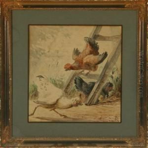 At Chicken Farm With Struggle Among The Males by Adolf Henrik Mackeprang