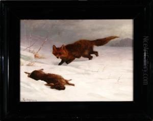 A Fox And A Hare In A Winter Landscape by Adolf Henrik Mackeprang